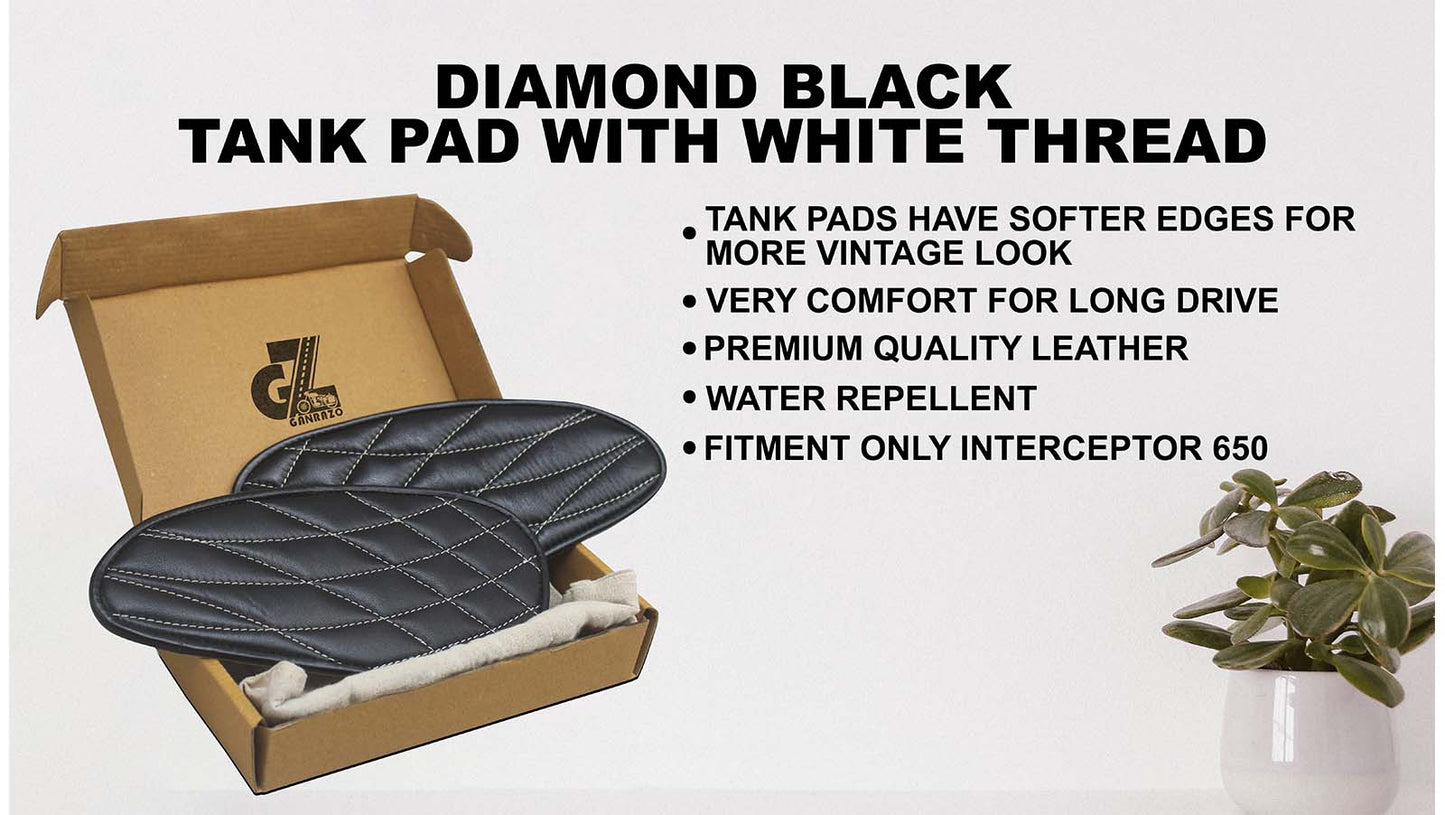 Genuine Leather Daimond Black Tank Pads with White Thread Compatible with Royal Enfield Interceptor 650