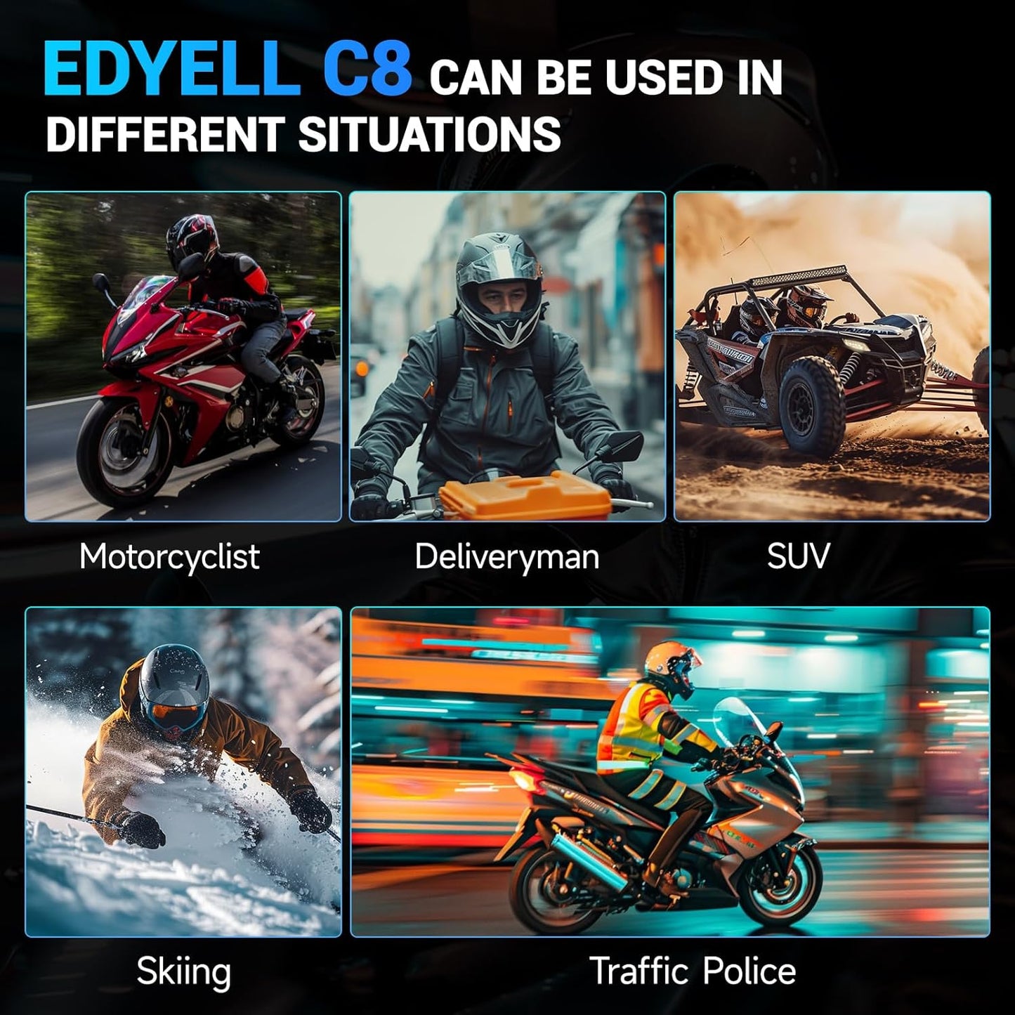 EDYELL C8 Pro Motorcycle Bluetooth Headsets, LED Emergency Light, HD Calling, Wireless Dual Earphone, V5.3, IP67 Waterproof, Compatible with All Helmets