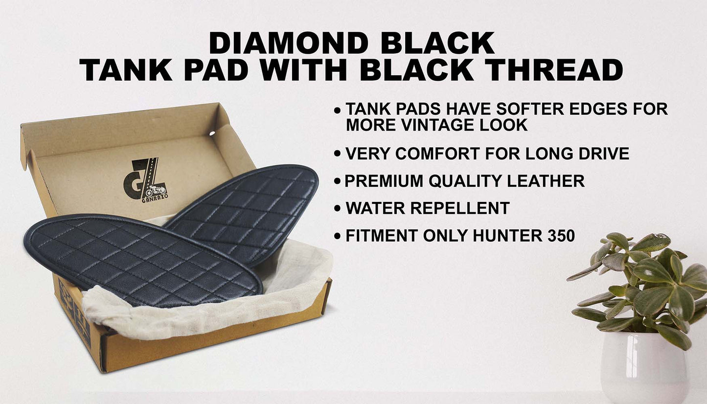 Diamond Black Tank Pads with Black Thread, Genuine Leather For Royal Enfield Hunter 350