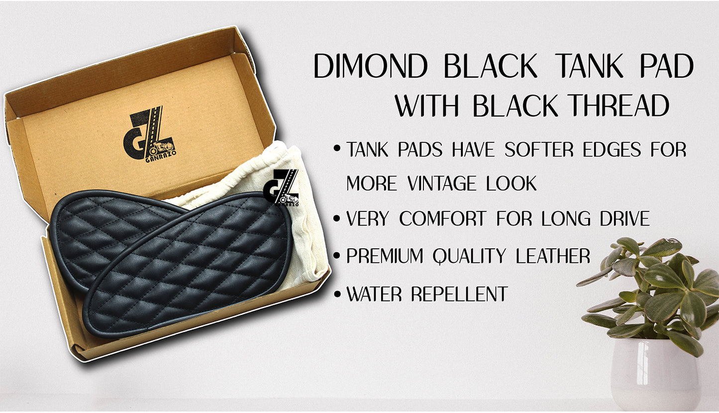 Leather Diamond Black Tank Pad with Black Thread Genuine Leather For Royal Enfield Interceptor 650