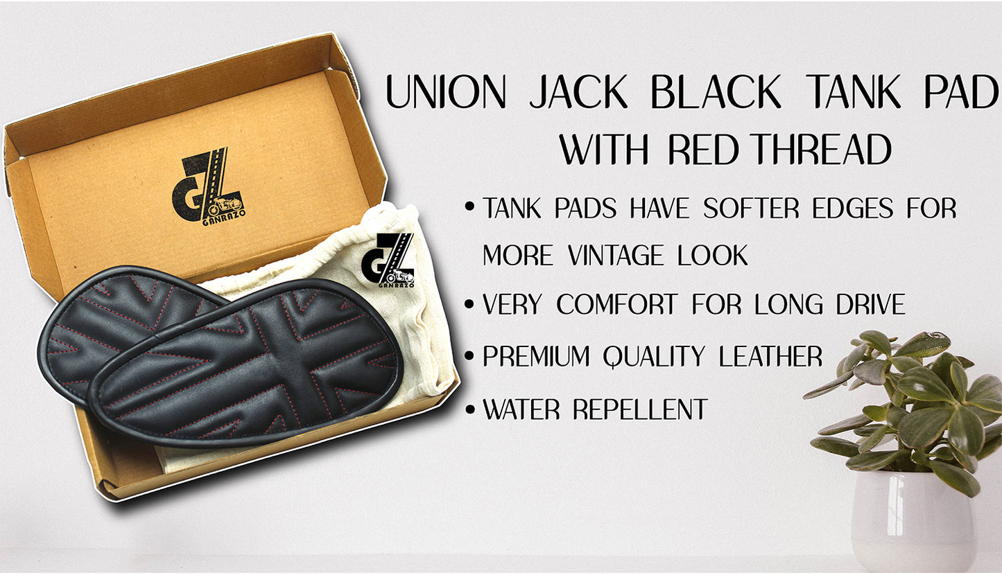 Leather Union Jack Black Tank Pad with Red Thread Genuine Leather for Royal Enfield Interceptor 650