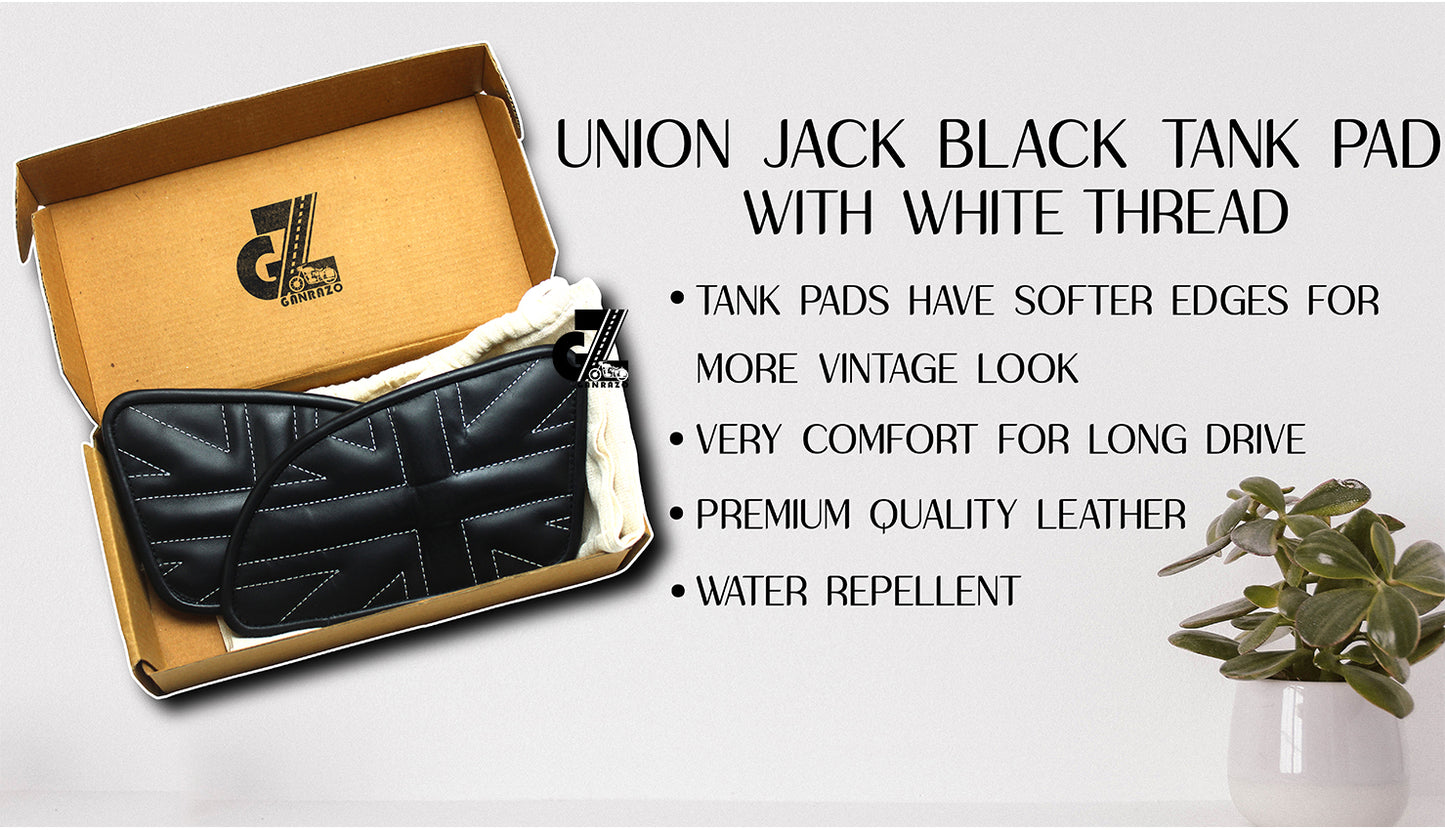 Leather Union Jack Black Tank Pad with White Thread Genuine Leather for Royal Enfield Continental Gt 650