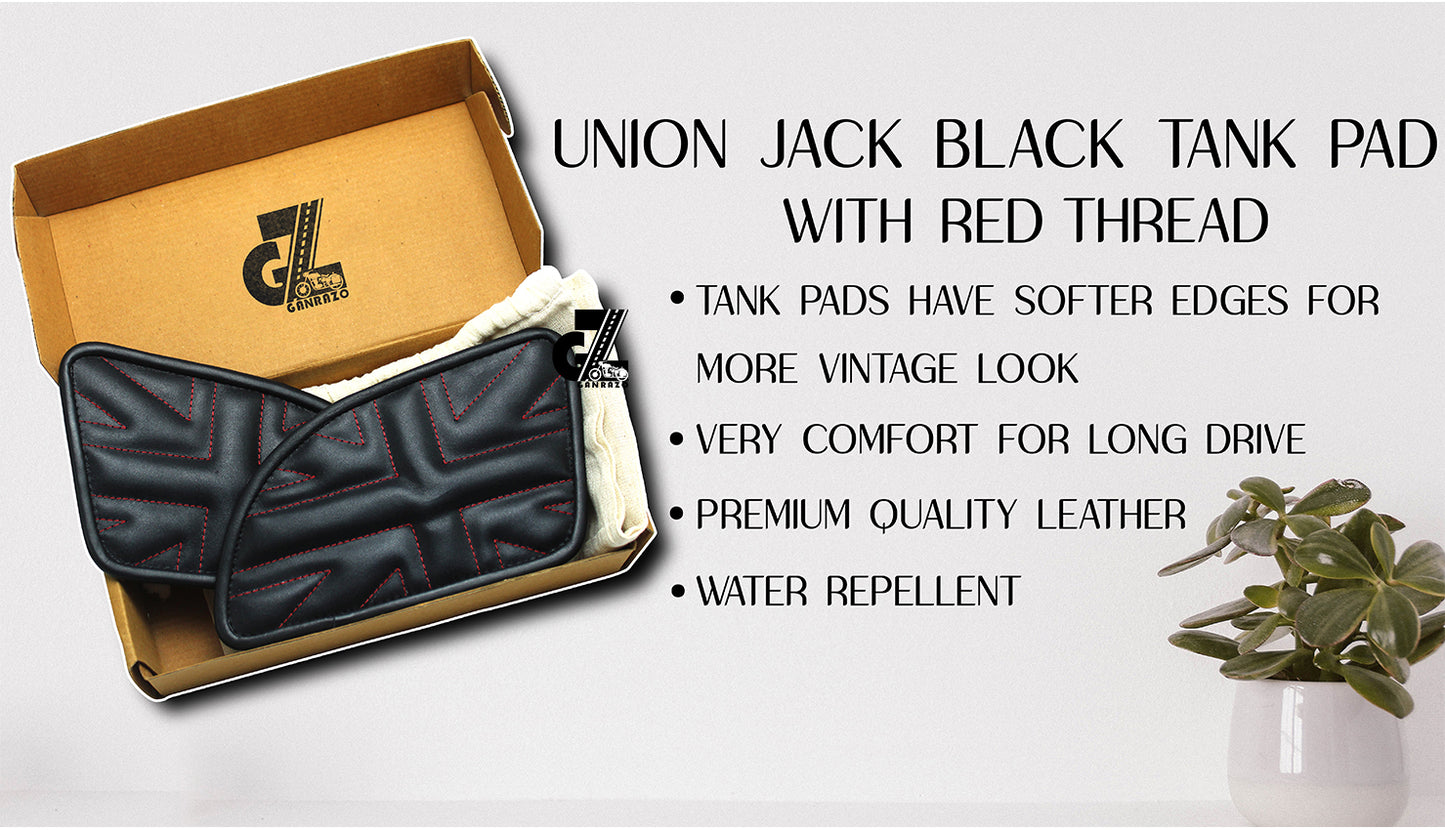 Leather Union Jack Black Tank Pad with Red Thread Genuine Leather for Royal Enfield Continental Gt 650