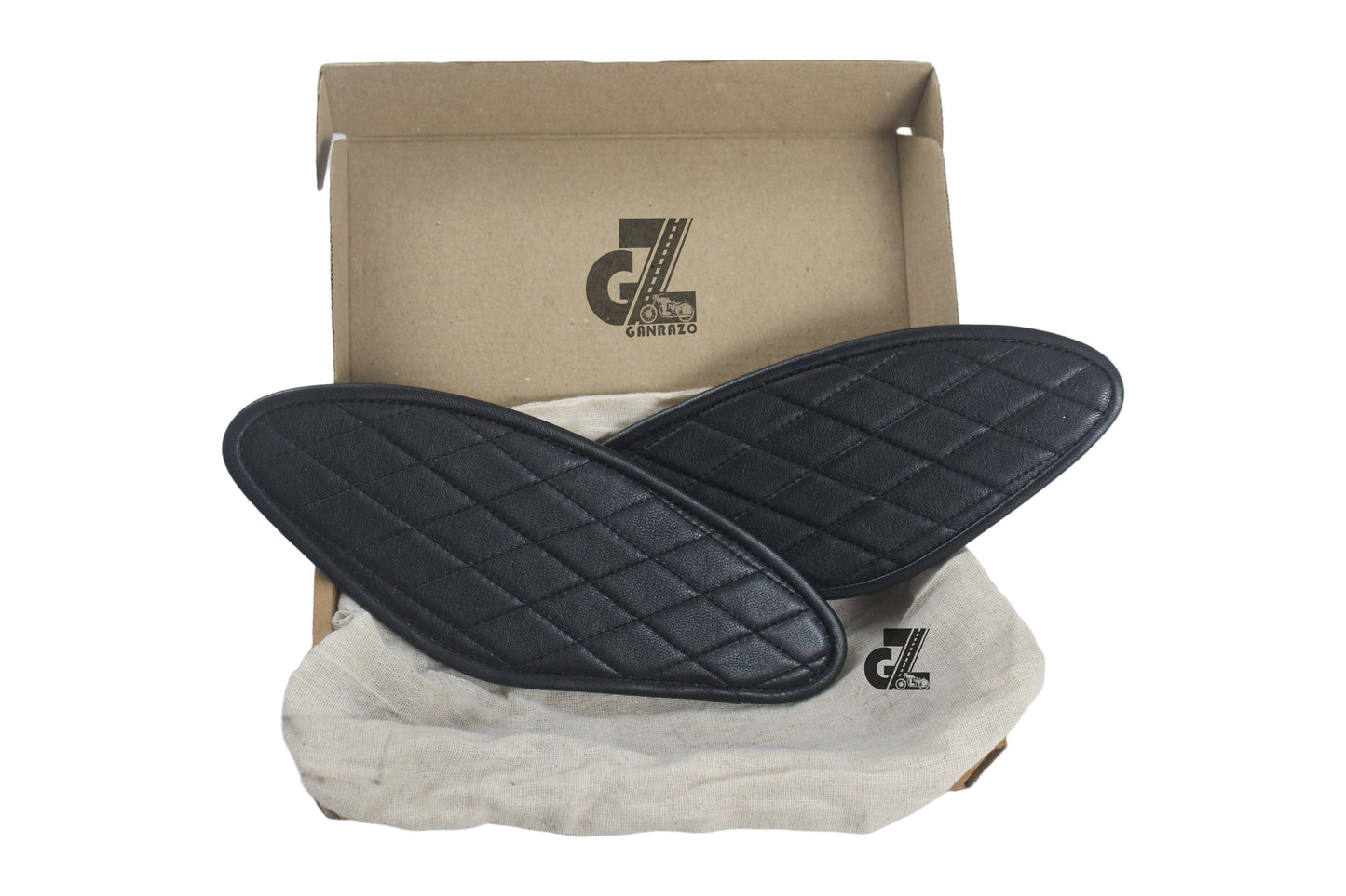 Diamond Black Tank Pads with Black Thread, Genuine Leather For Royal Enfield Hunter 350