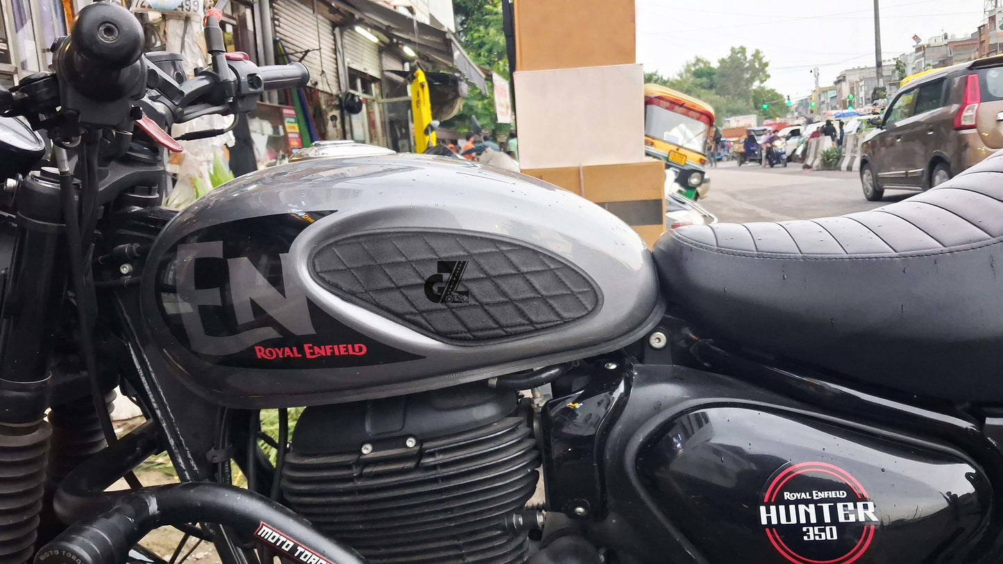 Diamond Black Tank Pads with Black Thread, Genuine Leather For Royal Enfield Hunter 350