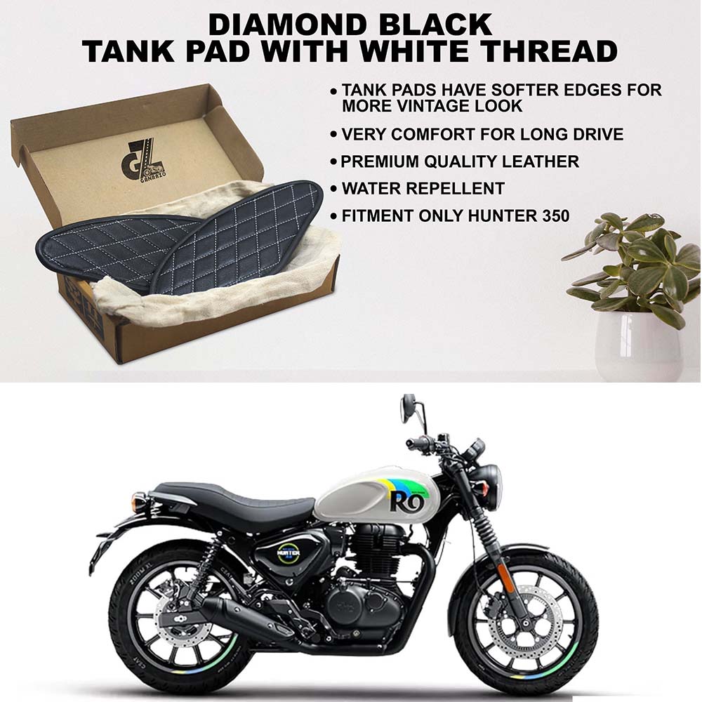 Diamond Black Tank Pads with White Thread, Genuine Leather For Royal Enfield Hunter 350