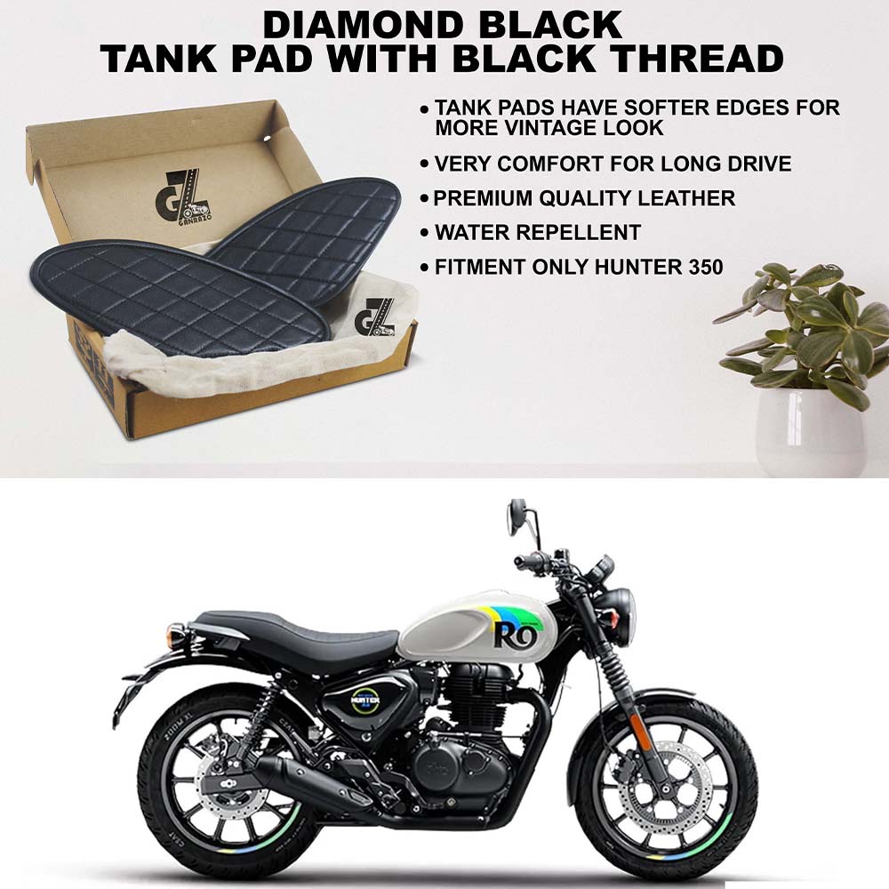 Diamond Black Tank Pads with Black Thread, Genuine Leather For Royal Enfield Hunter 350