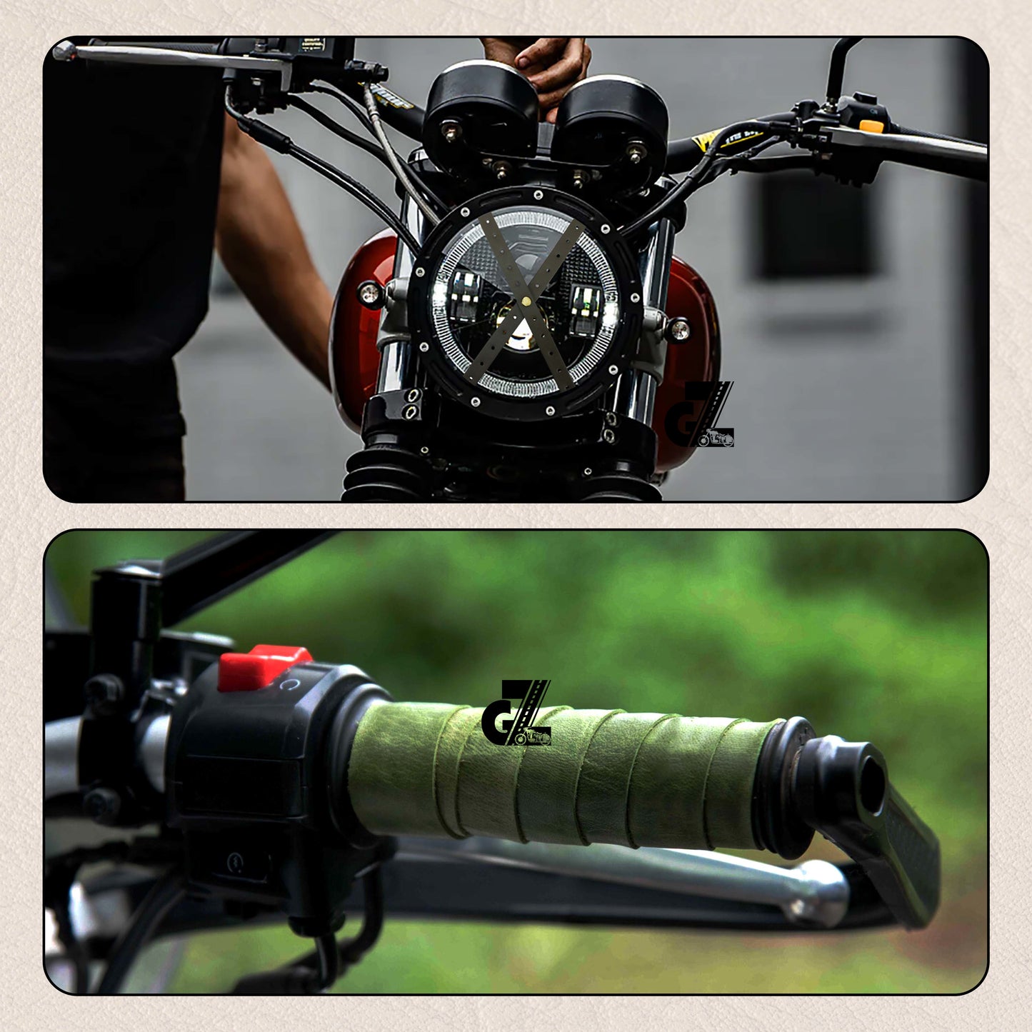Leather Sticker Head Lamp X Perforated & Handgrip Straps Pair Olive For TVS Ronin, Hero Xpulse 200 210 Mavrick 440, Honda CB350 Hness CB350 CB350RS CB300R