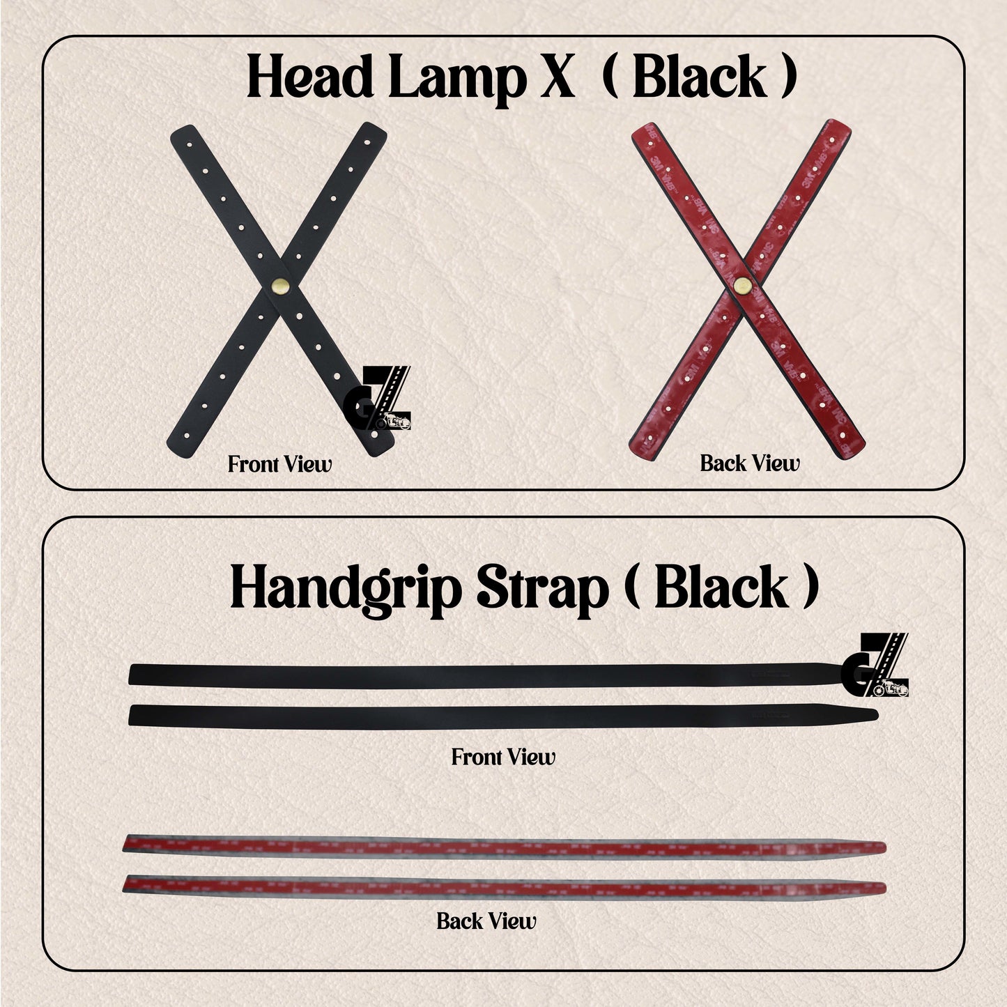 Leather Sticker Head Lamp X Perforated & Handgrip Straps Pair Black For TVS Ronin, Hero Xpulse 200 210 Mavrick 440, Honda CB350 Hness CB350 CB350RS CB300R