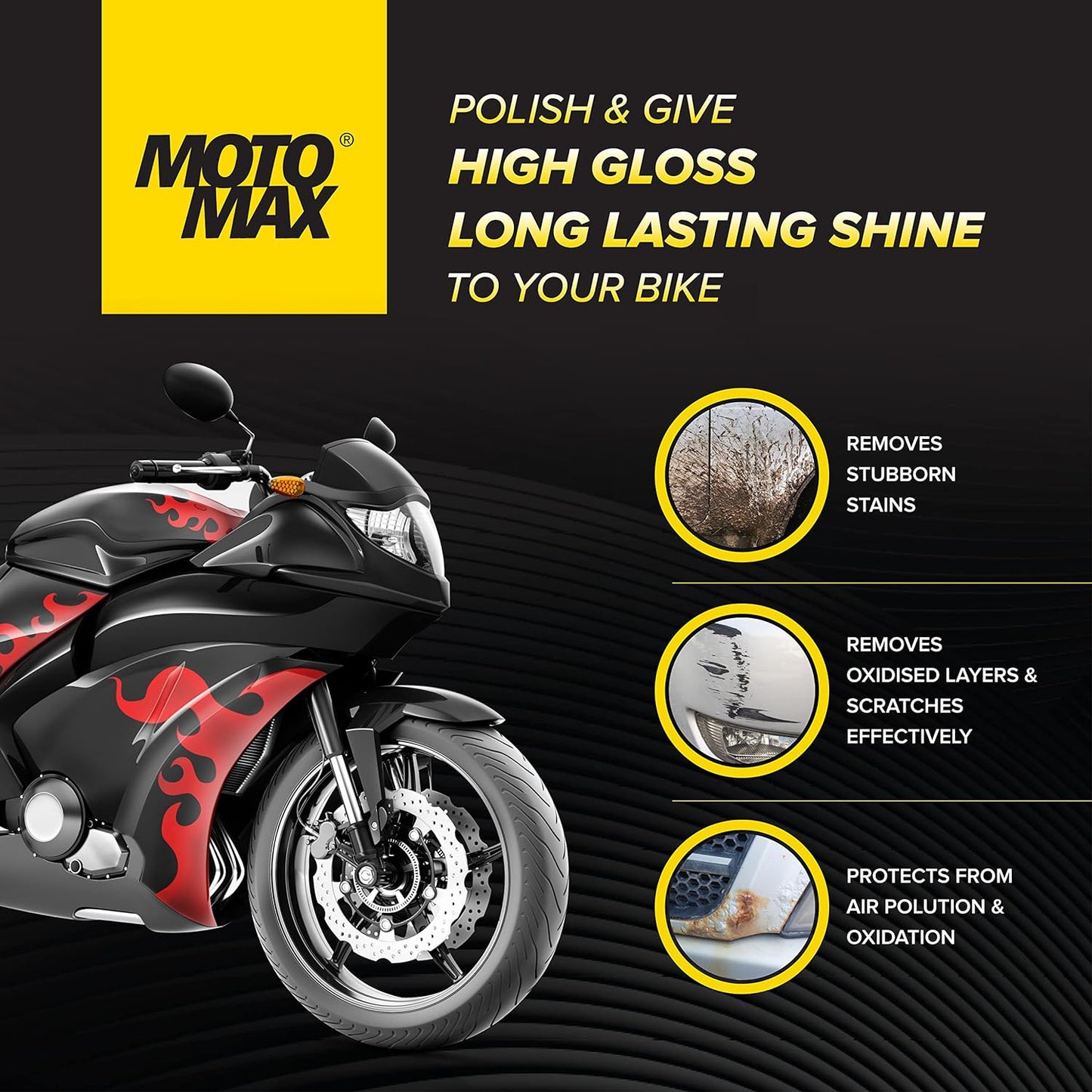 Motomax Bike Liquid Polish 50 ml Removes tough stains, High Gloss & Shine on painted metal and plastic surfaces