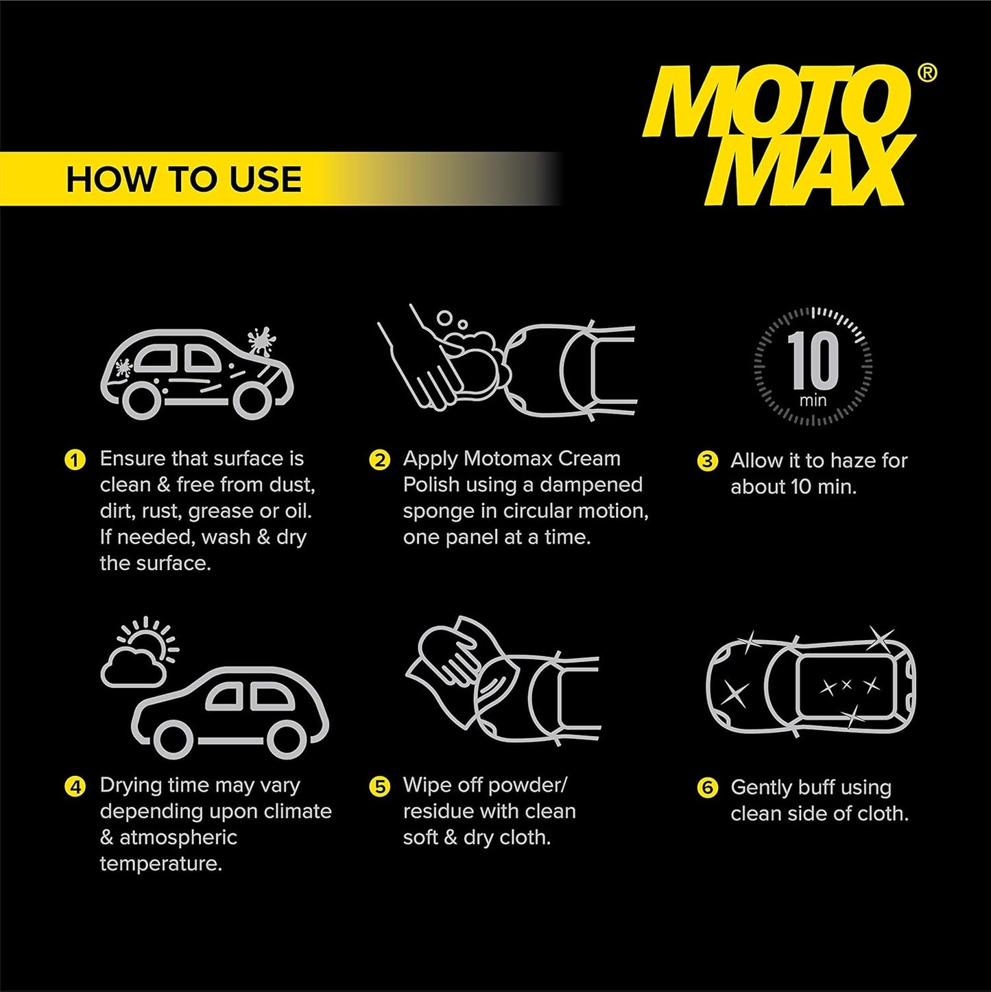 Motomax Cream Polish, 60gm with Carnuba Wax, with Sponge, Clean Polish Shine Cars, Motorcycle