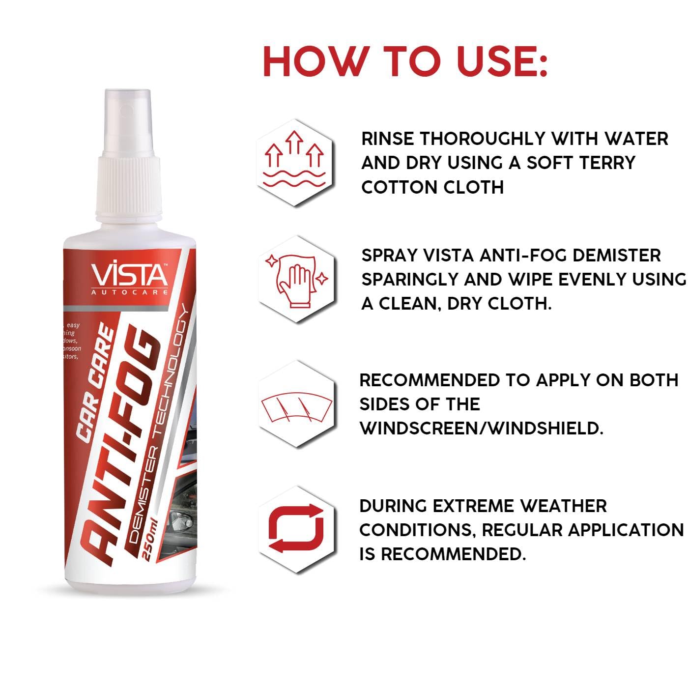 Vista Auto Care Anti Fog Demister 250ml Anti Fog Spray for Windscreen Anti Fog Spray for Car and Helmet