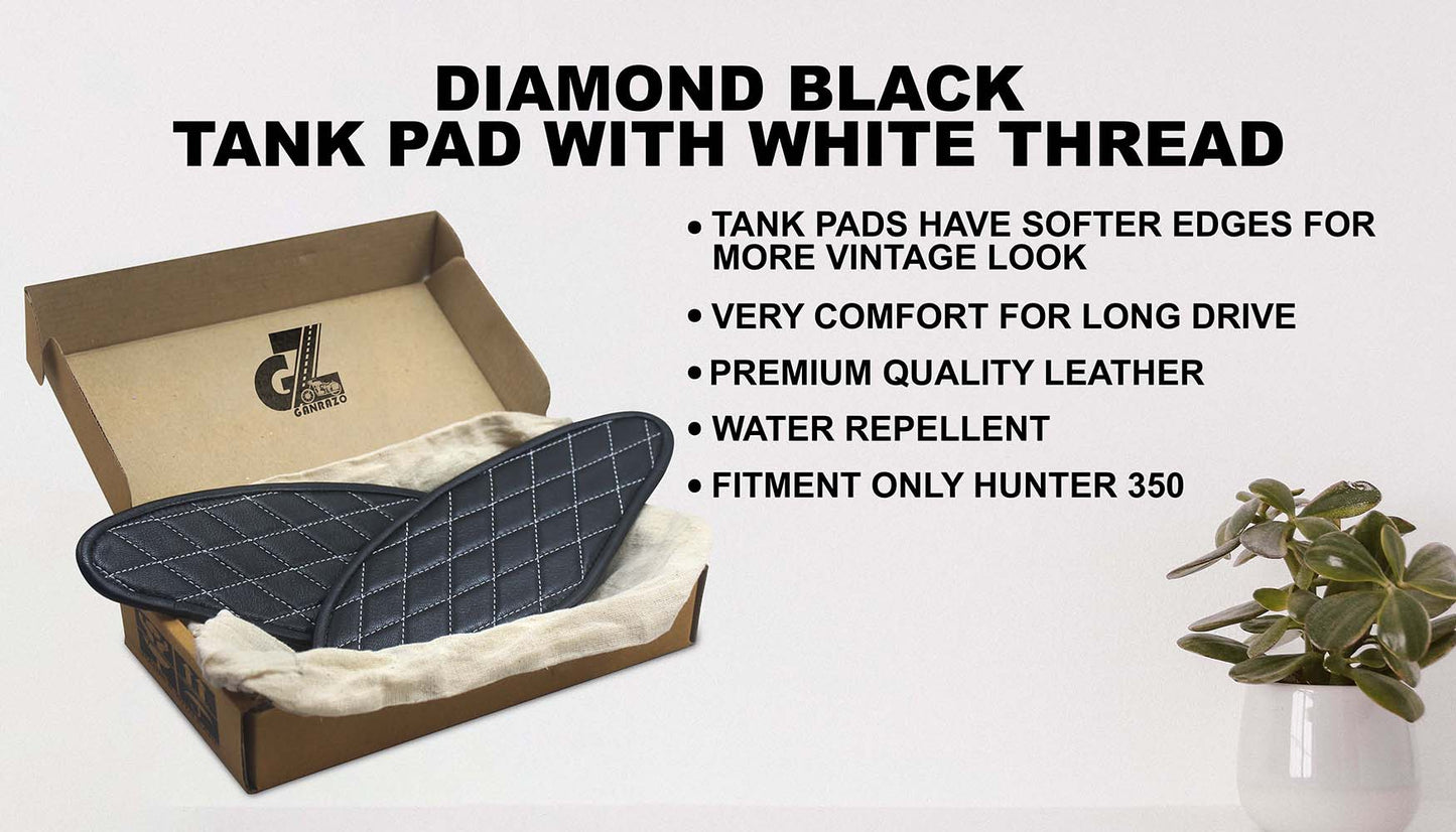 Diamond Black Tank Pads with White Thread, Genuine Leather For Royal Enfield Hunter 350