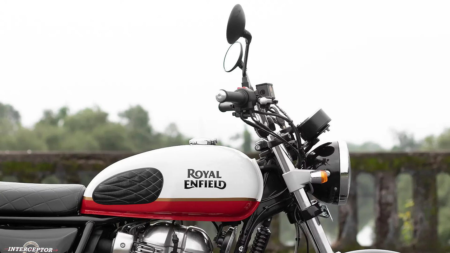 Genuine Leather Daimond Black Tank Pads with White Thread Compatible with Royal Enfield Interceptor 650