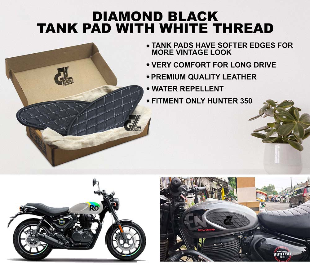 Diamond Black Tank Pads with White Thread, Genuine Leather For Royal Enfield Hunter 350