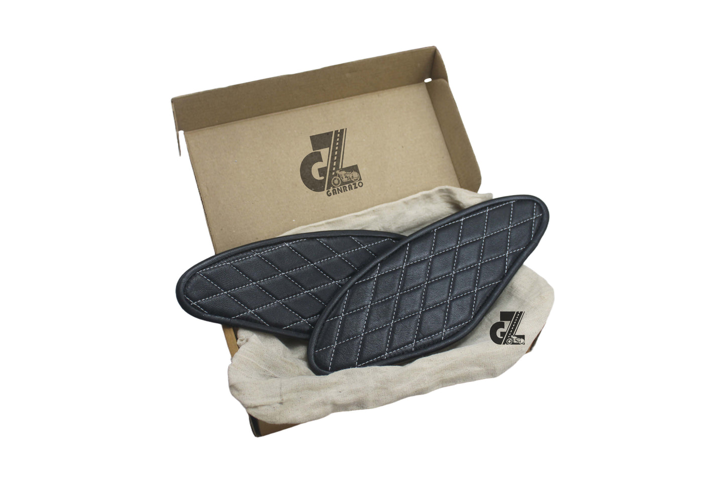 Diamond Black Tank Pads with White Thread, Genuine Leather For Royal Enfield Hunter 350
