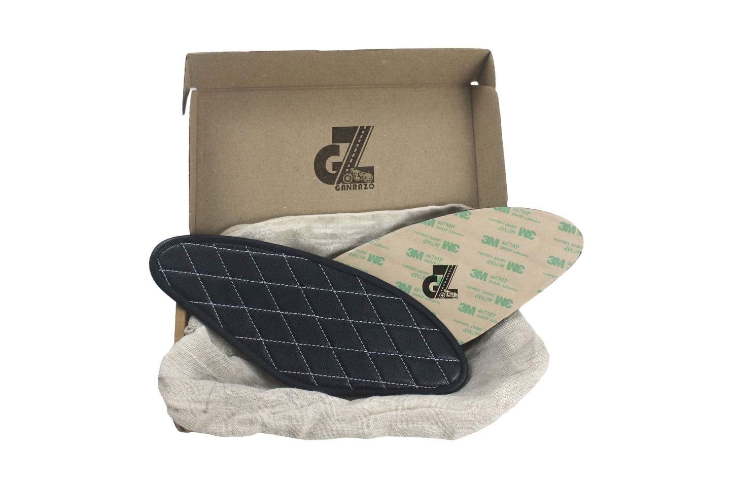 Diamond Black Tank Pads with White Thread, Genuine Leather For Royal Enfield Hunter 350