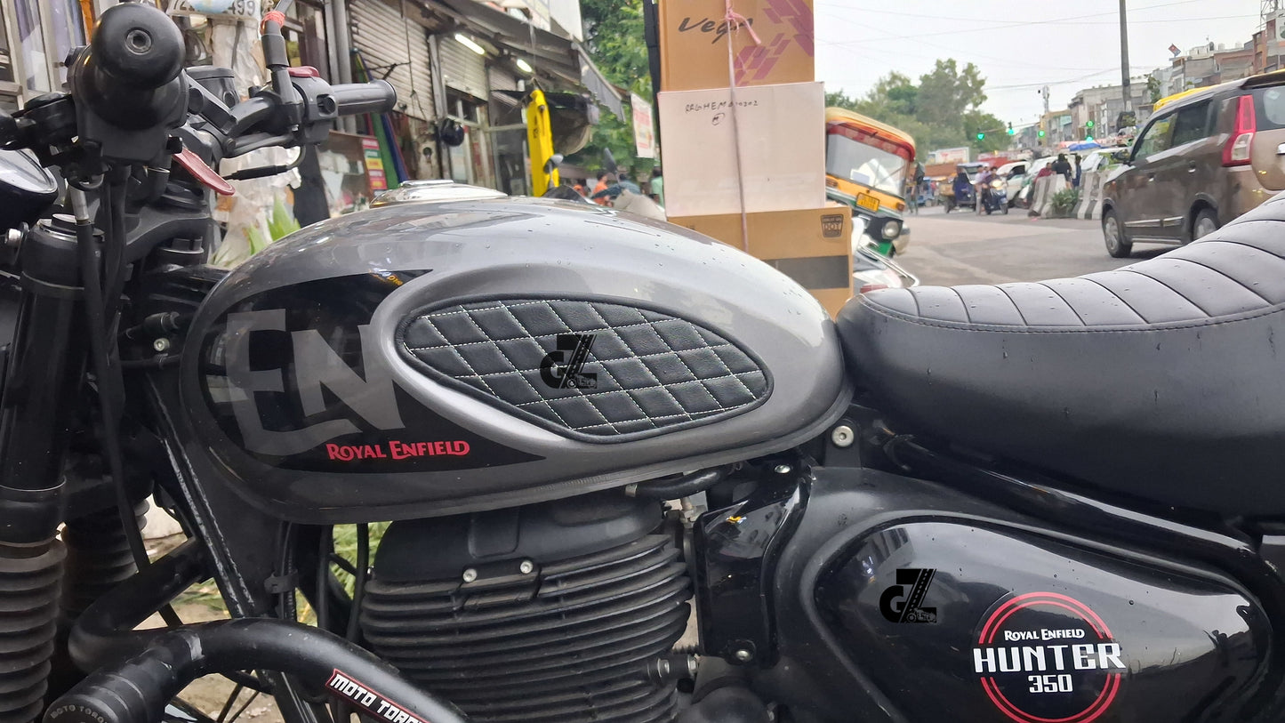 Diamond Black Tank Pads with White Thread, Genuine Leather For Royal Enfield Hunter 350