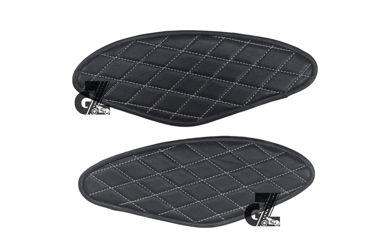 Diamond Black Tank Pads with White Thread, Genuine Leather For Royal Enfield Hunter 350