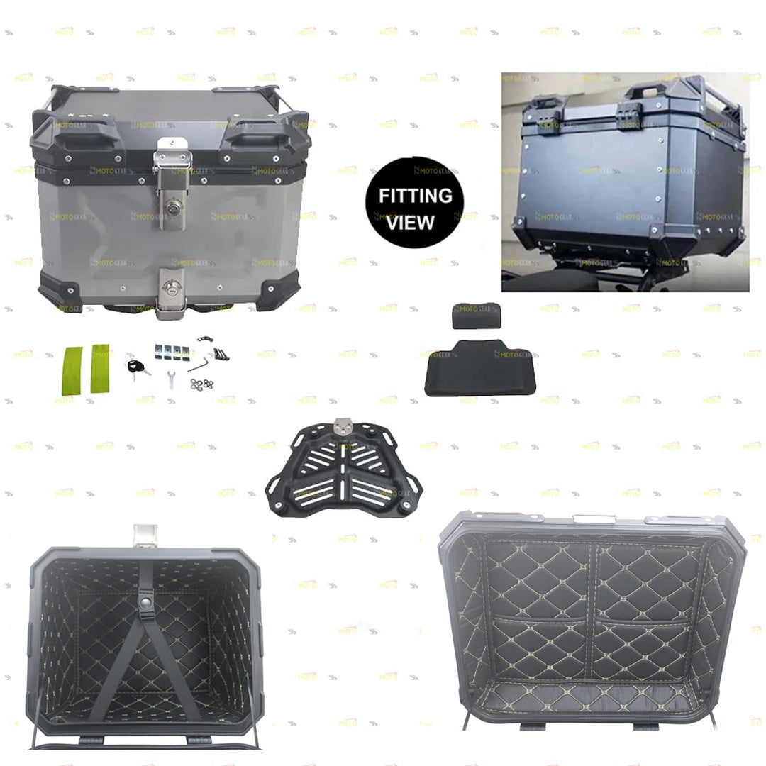 Silver Aluminum Luggage Top Box With Pads 45 LTR Compatible With Universal Motorcycle