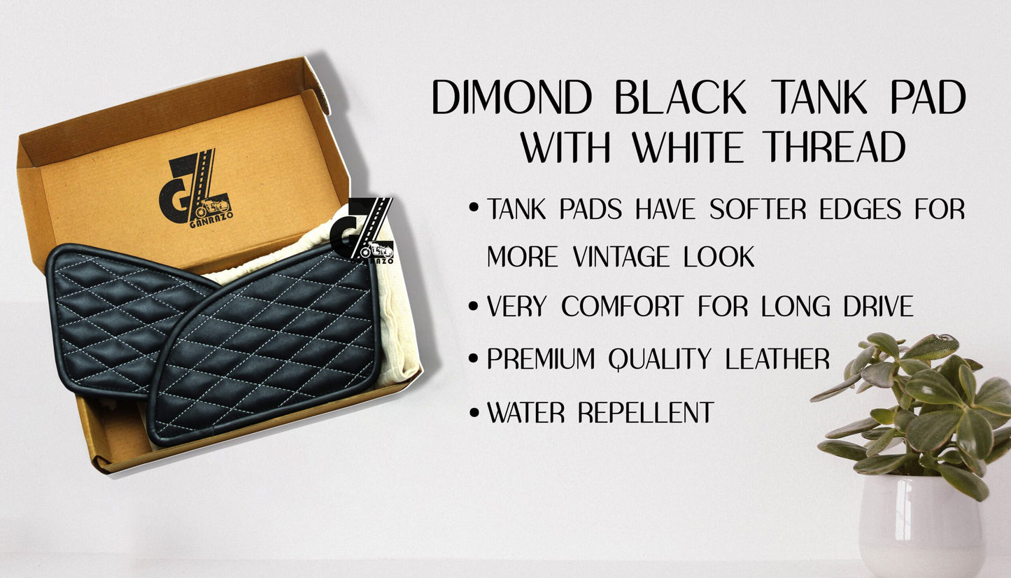 Leather Diamond Black Tank Pad with White Thread Genuine Leather for Royal Enfield Continental Gt 650