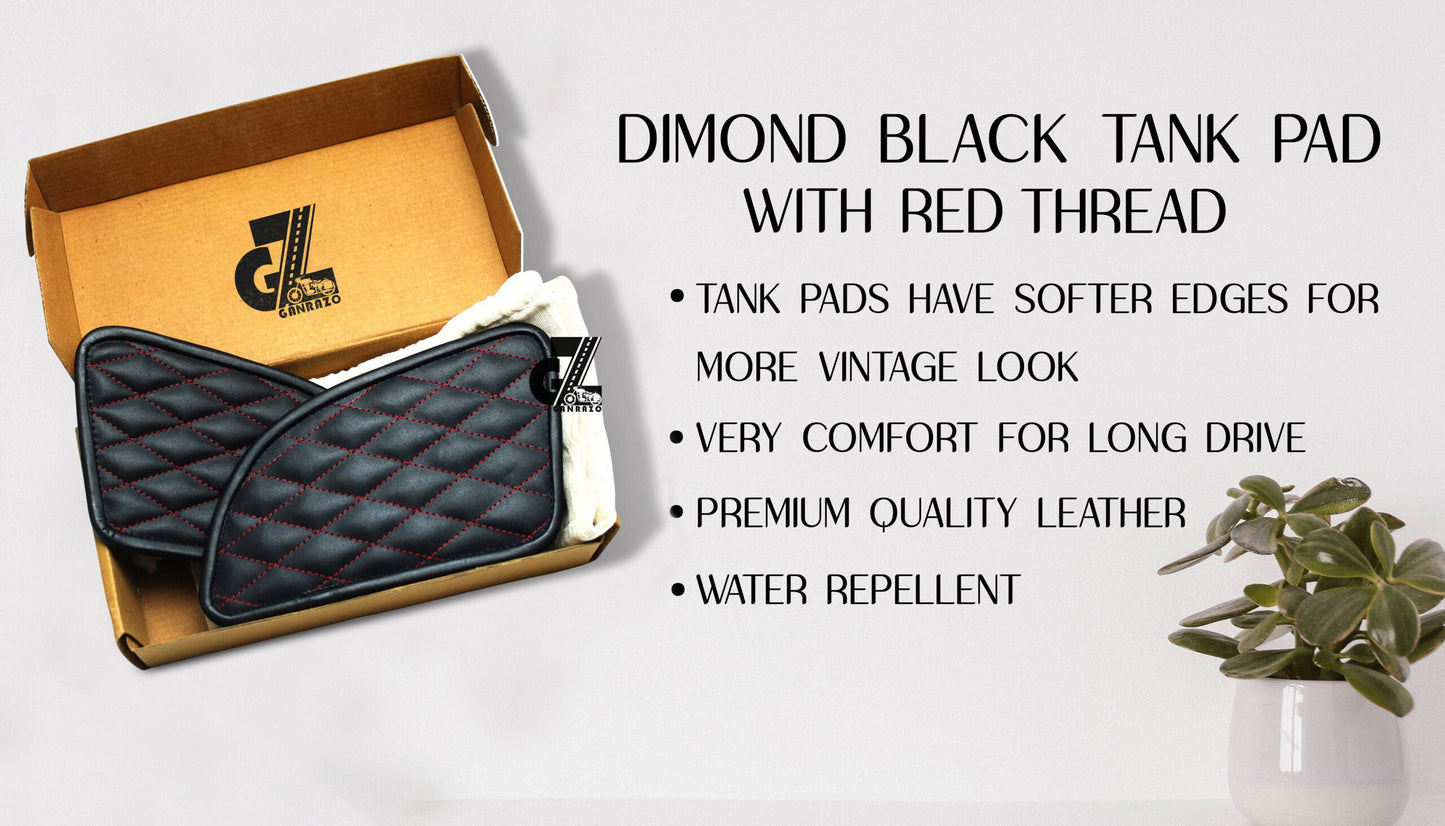 Leather Diamond Black Tank Pad with Red Thread Genuine Leather for Royal Enfield Continental Gt 650