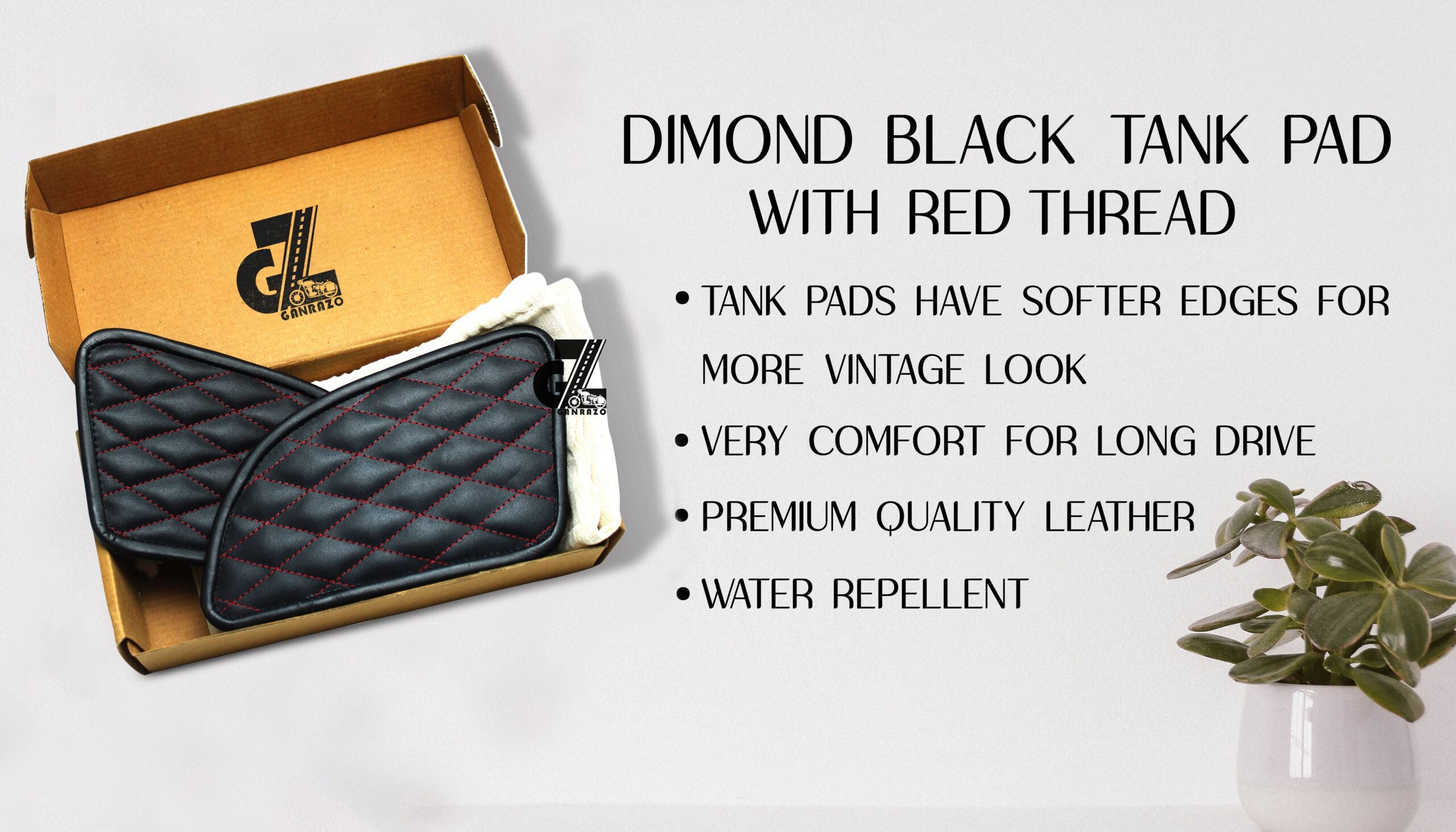 Leather Diamond Black Tank Pad with Red Thread Genuine Leather for Royal Enfield Continental Gt 650