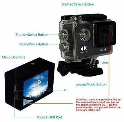 4K Sports Ultra HD DV WiFi Action Camera, 16MP, 170° Angle, 30M Water Resistant, Supports