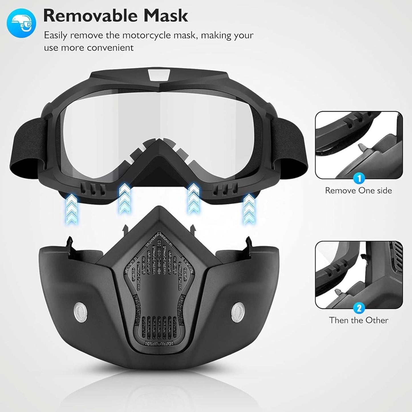 Goggle Mask Anti Scratch UV Protective Open Face & Eyewear Windproof Dirt Shield Adjustable Strap Soft Foam Padded Detachable for Cycling Bike Off Road Racing Riding Unisex Clear
