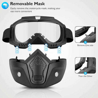 Goggle Mask Anti Scratch UV Protective Open Face & Eyewear Windproof Dirt Shield Adjustable Strap Soft Foam Padded Detachable for Cycling Bike Off Road Racing Riding Unisex Clear