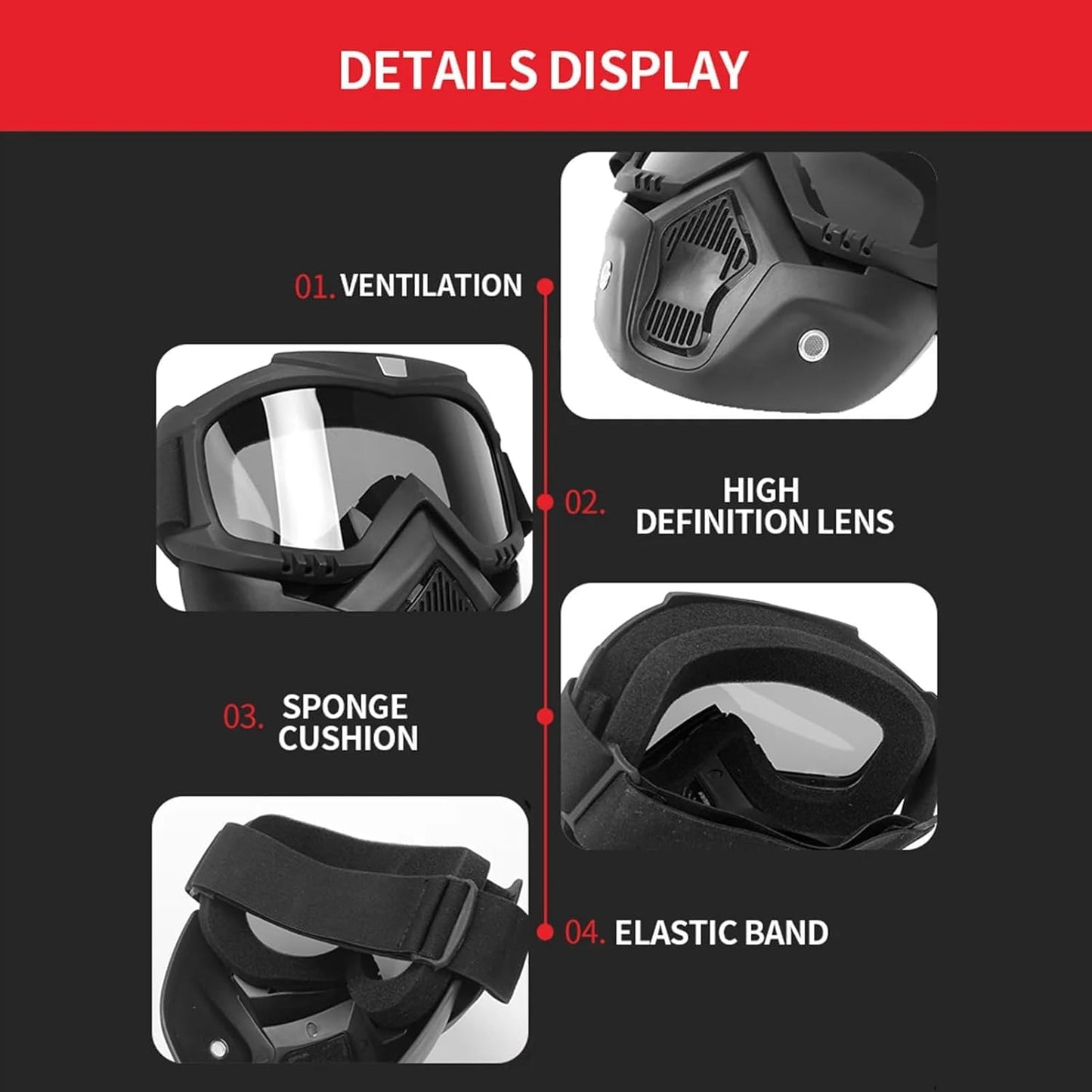 Goggle Mask Anti Scratch UV Protective Open Face & Eyewear Windproof Dirt Shield Adjustable Strap Soft Foam Padded Detachable for Cycling Bike Off Road Racing Riding Unisex Clear