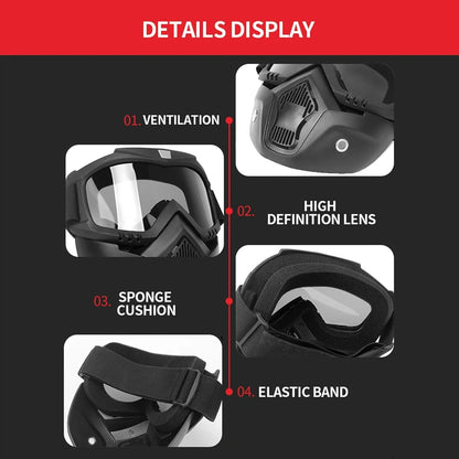 Goggle Mask Anti Scratch UV Protective Open Face & Eyewear Windproof Dirt Shield Adjustable Strap Soft Foam Padded Detachable for Cycling Bike Off Road Racing Riding Unisex Clear