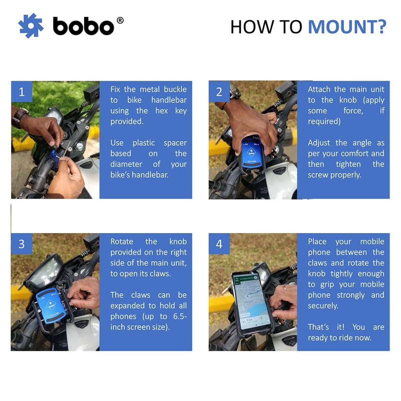 BOBO BM4 Jaw-Grip Bike MotorcycleScooter Mobile Phone Holder Mount, Ideal for Maps and GPS Navigation (Blue)