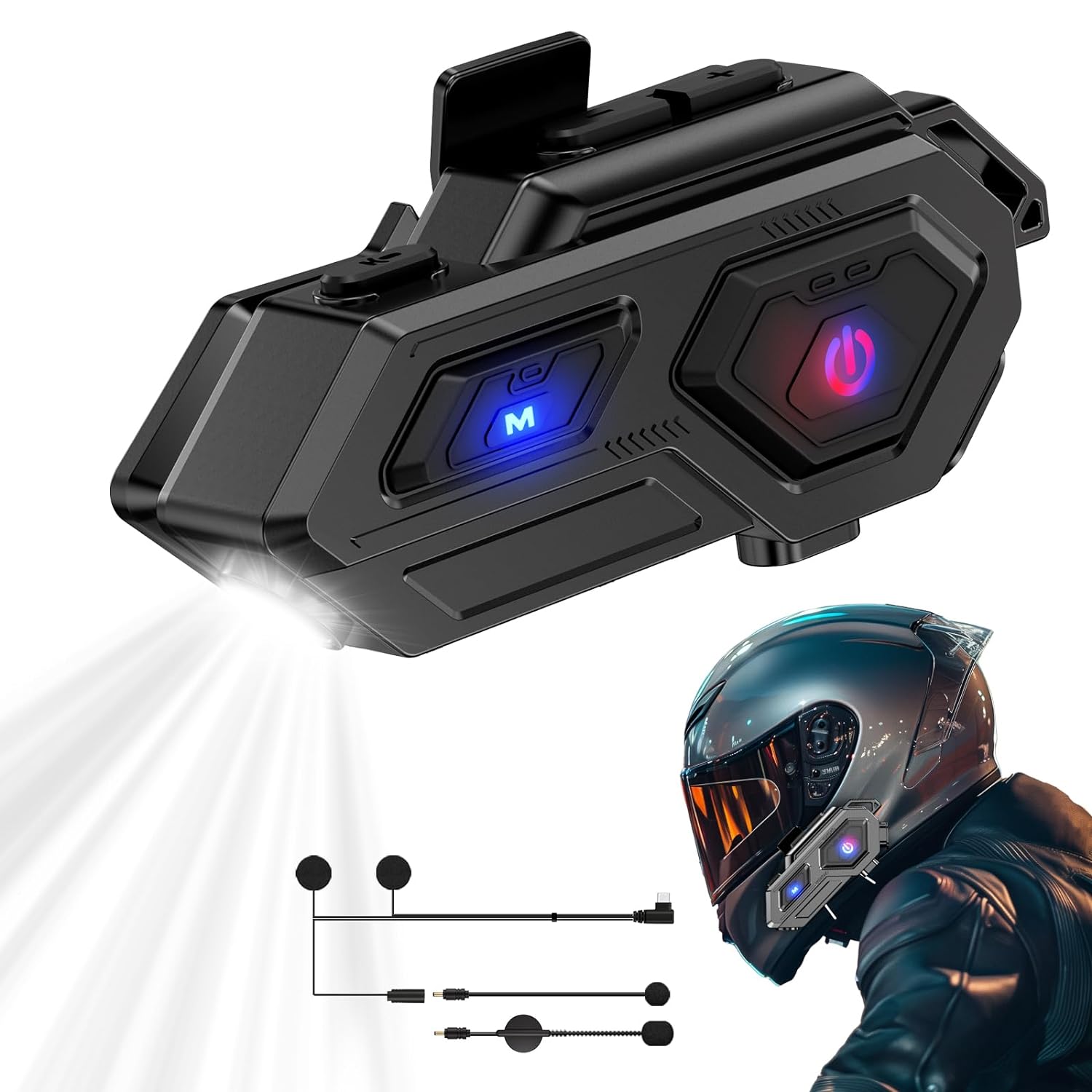 EDYELL C8 Pro Motorcycle Bluetooth Headsets, LED Emergency Light, HD Calling, Wireless Dual Earphone, V5.3, IP67 Waterproof, Compatible with All Helmets