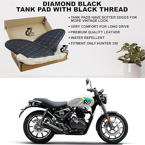 Genuine Leather Diamond Black Tank Pads with Black Thread Compatible with Royal Enfield Hunter 350