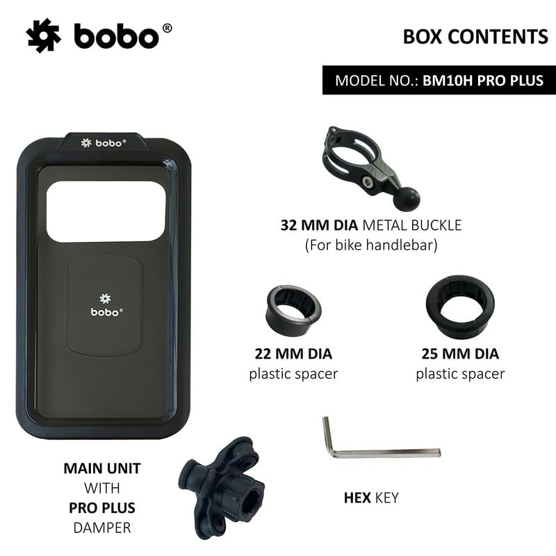 BOBO BM10H PRO Plus Handlebar Mount with PRO Plus Vibration Damper, Fully Waterproof BikeMotorcycleScooter Mobile Phone Holder Mount, Ideal for Maps and GPS Navigation (Black)