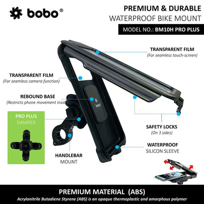 BOBO BM10H PRO Plus Handlebar Mount with PRO Plus Vibration Damper, Fully Waterproof BikeMotorcycleScooter Mobile Phone Holder Mount, Ideal for Maps and GPS Navigation (Black)
