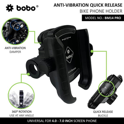 BOBO BM14 PRO Quick Release with Vibration Controller Waterproof Bike Motorcycle Scooter Mobile Phone Holder Mount,for Maps and GPS Navigation