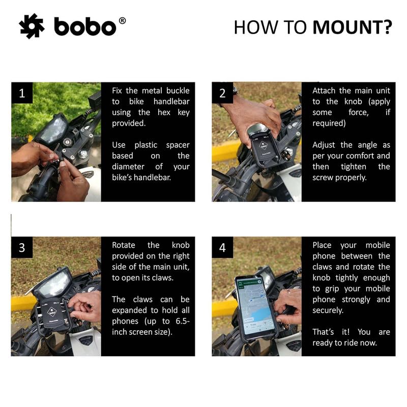 BOBO BM4 Jaw-Grip Waterproof Bike Motorcycle Scooter Mobile Phone Holder Mount, Ideal for Maps and GPS Navigation