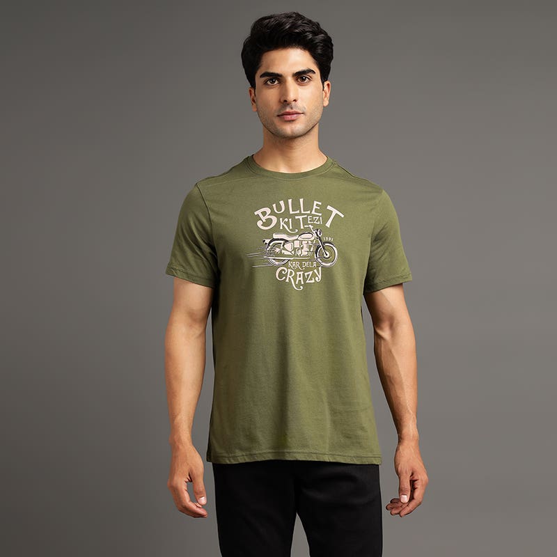 ROYAL ENFIELD BULLET KI TEZI KAR DELA CRAZY TSHIRT OLIVE