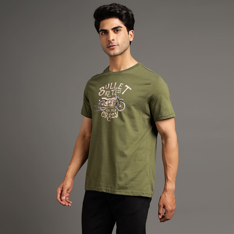 ROYAL ENFIELD BULLET KI TEZI KAR DELA CRAZY TSHIRT OLIVE
