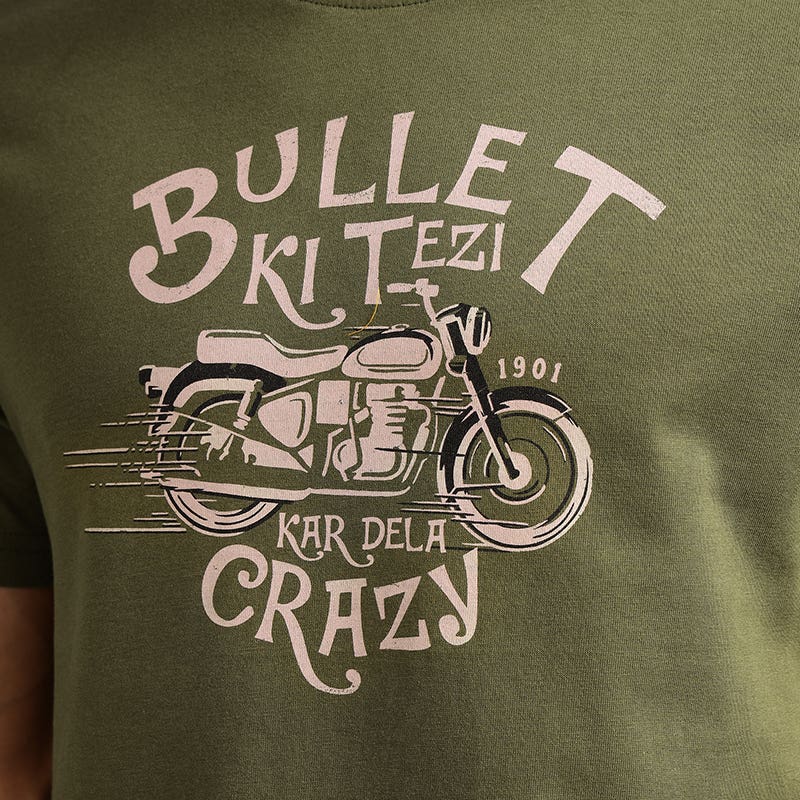 ROYAL ENFIELD BULLET KI TEZI KAR DELA CRAZY TSHIRT OLIVE