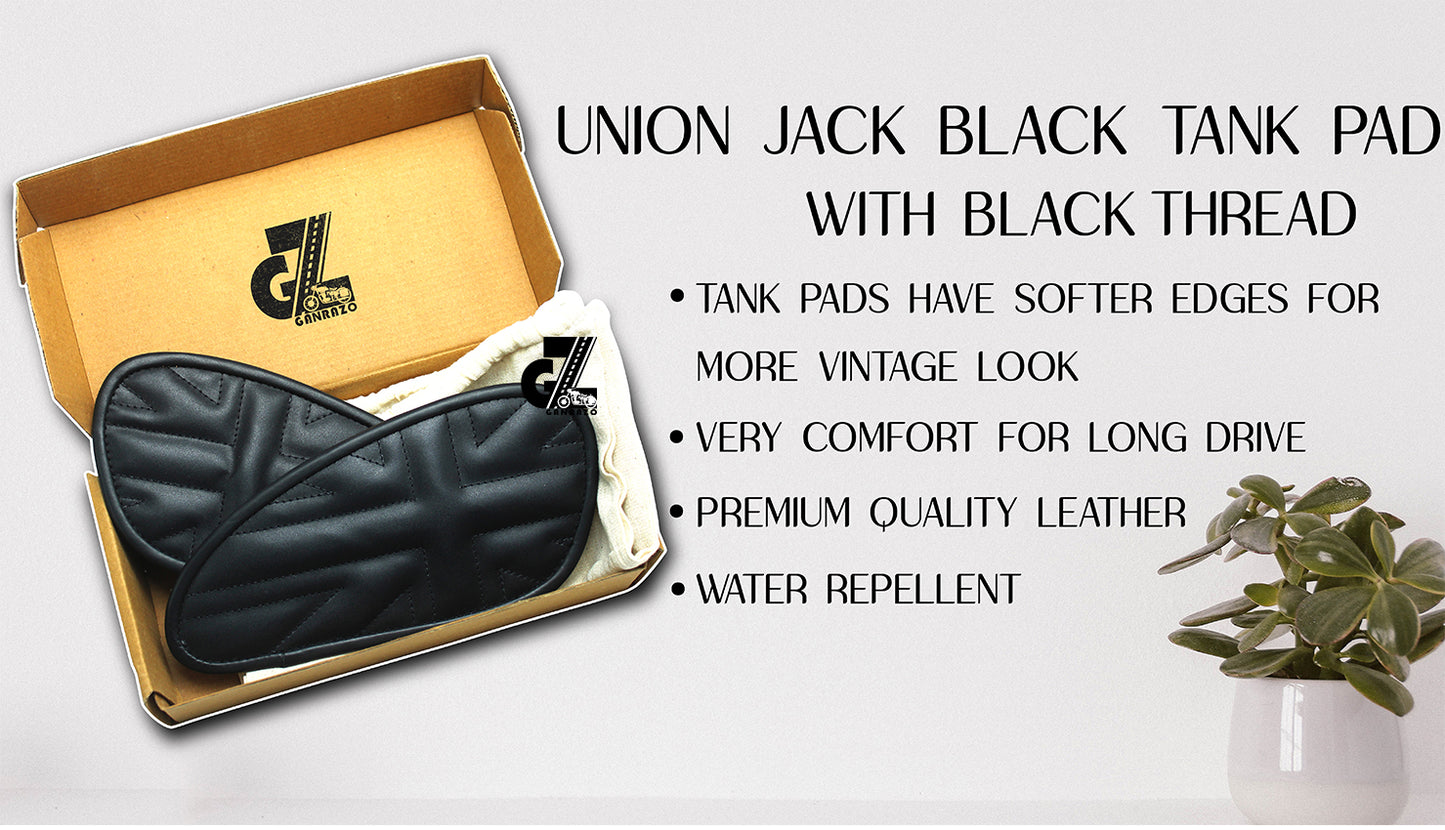 Leather Union Jack Black Tank Pad with Black Thread Genuine Leather for Royal Enfield Interceptor 650