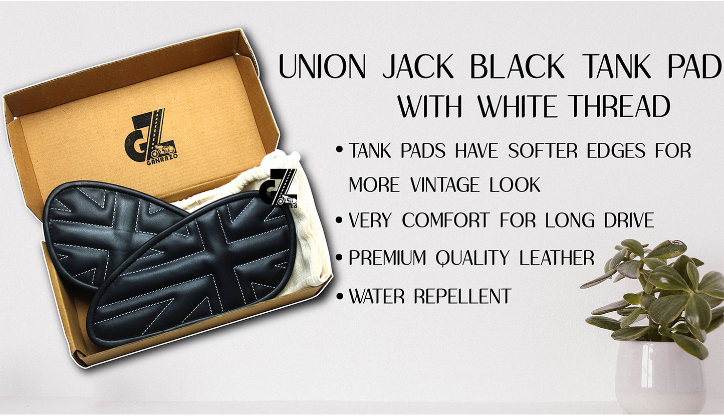 Leather Union Jack Black Tank Pad with White Thread Genuine Leather for Royal Enfield Interceptor 650