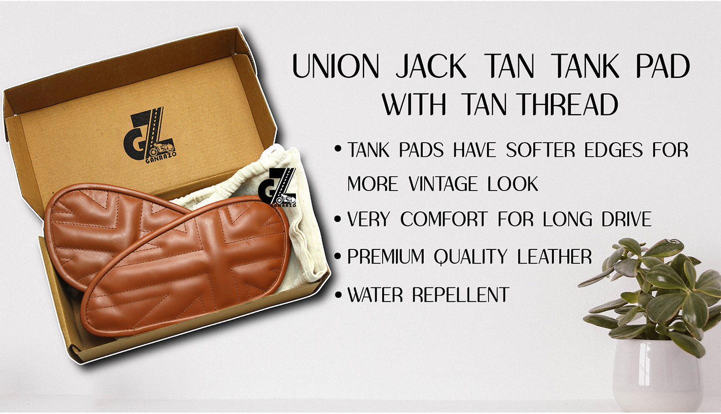 Leather Union Jack Tan Tank Pad with Tan Thread Genuine Leather for Royal Enfield Interceptor 650