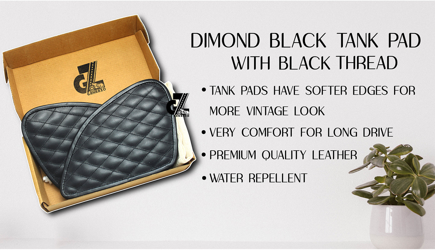 Diamond Black Tank Pad with Black Thread Genuine Leather for Royal Enfield Himalayan 411