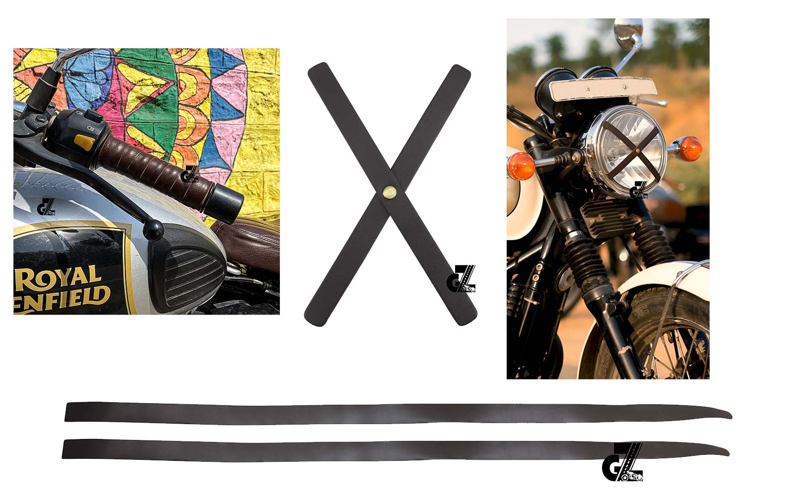 Dark Brown Leather Sticker Head Lamp X & Handgrip Straps Pair Fit For TVS Ronin, Hero Xpulse 200 210 Mavrick 440, Honda CB350 Hness CB350 CB350RS CB300R