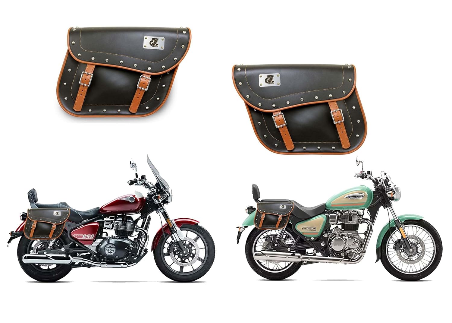DOM Leather Bag Black with TAN Color Pair Left & Right Side Universal Motorcycle