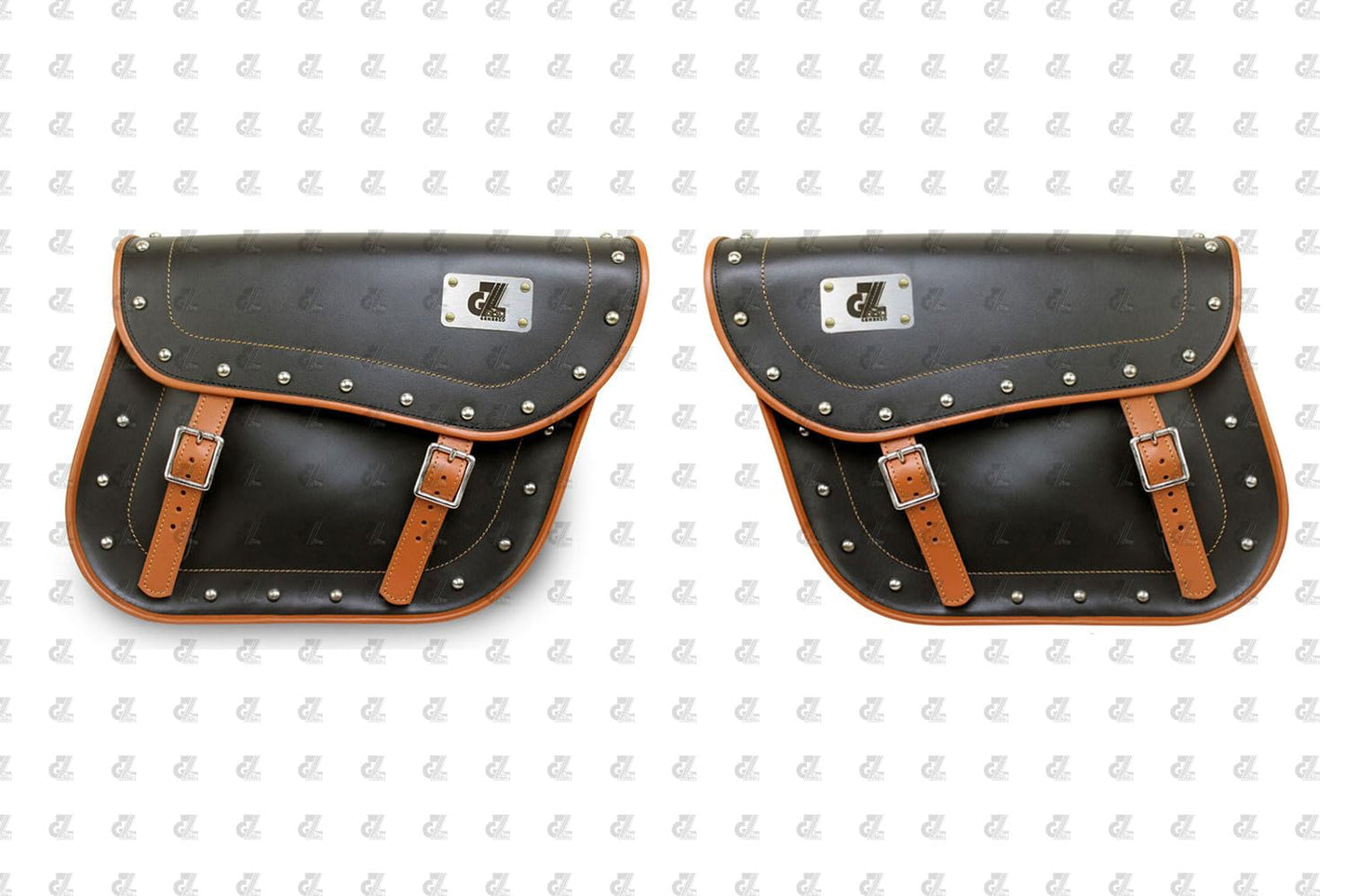DOM Leather Bag Black with TAN Color Pair Left & Right Side Universal Motorcycle
