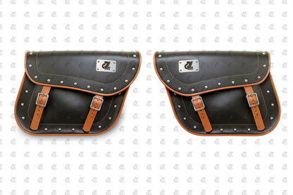 DOM Leather Bag Black with TAN Color Pair Left & Right Side Universal Motorcycle